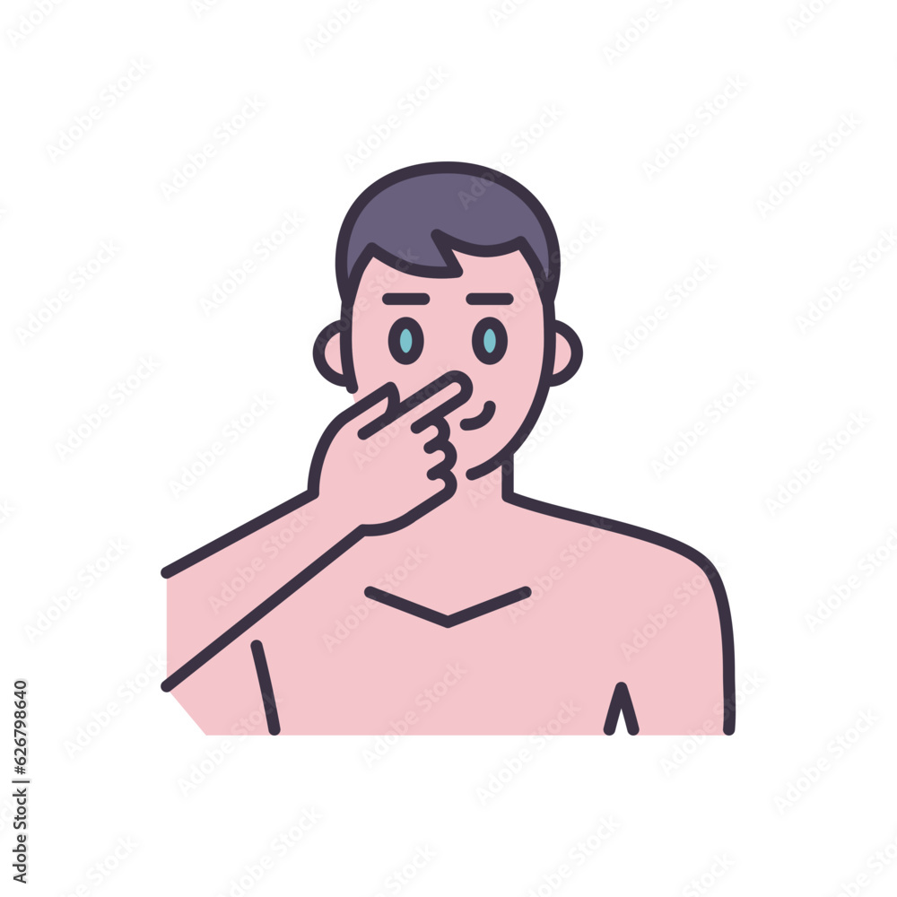 Avoid face touch related vector icon. Man touches face with finger. Avoid face sign. Isolated on white background. Editable vector illustration