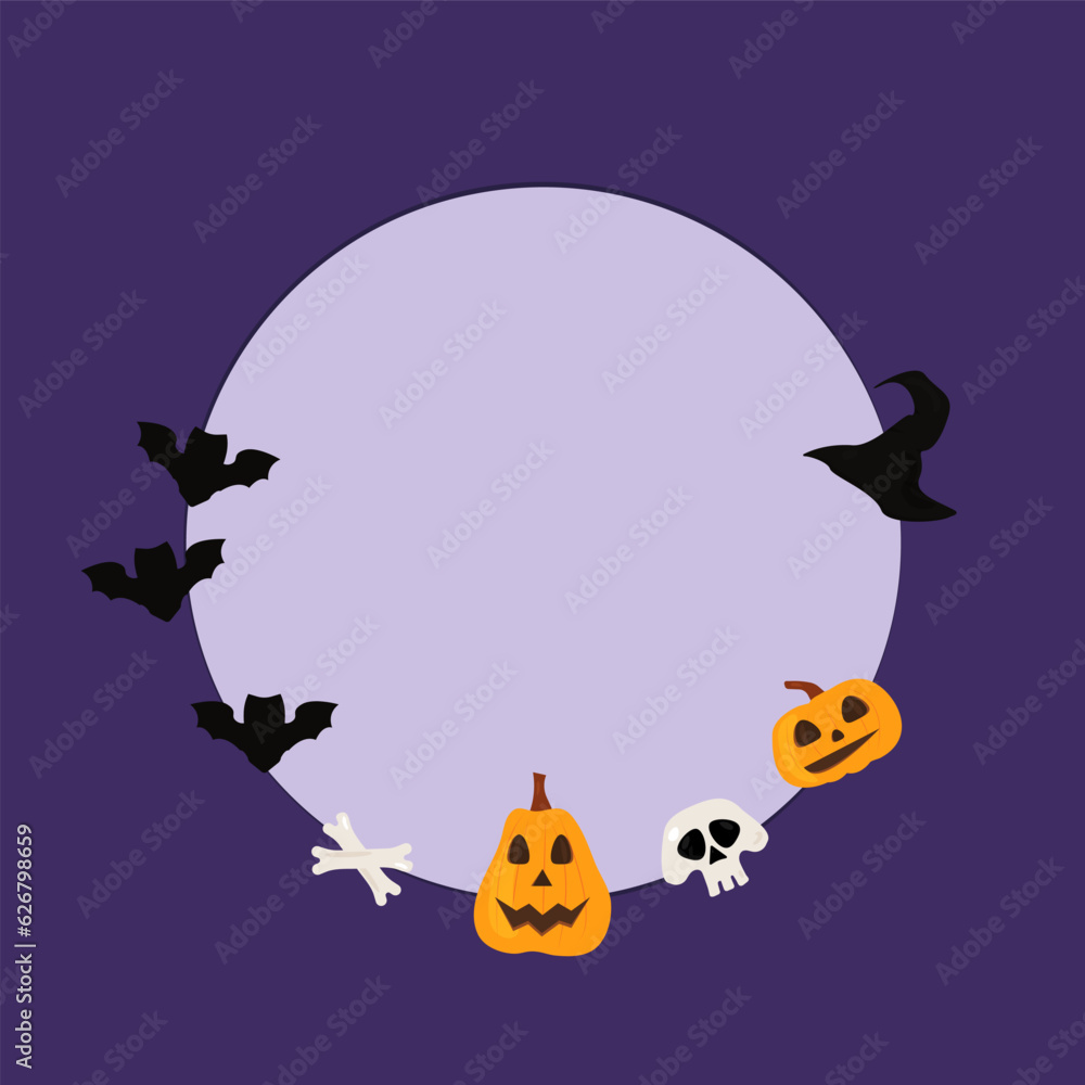 Round halloween frame on blue-violet background.
Banner template, with Halloween pumpkins, bats, skull, bones.
Vector eps 10 design All Hallows Eve eps 10.