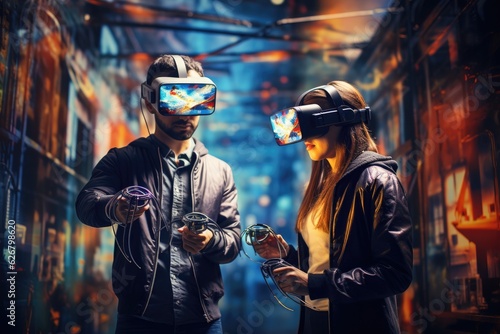 A Man and woman wearing VR headset user  surreal world and virtual reality  colorful flowers fields. Generative AI