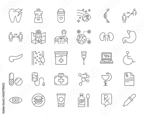 Medical Vector Icons Set. Line Icons, Sign and Symbols in Linear Design. Medicine, Health Care and Coronavirus COVID-19 pandemic. Mobile Concepts and Web Apps. Modern Infographic Logo and Pictogram.