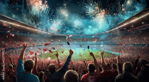 Euphoric Football Fans Celebrating in a Vibrant Soccer Stadium with Flags, Scarves, and Confetti, Copy Space, Generative AI