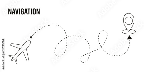 Navigation. Vector scheme of distance, distance. Location road, travel. Set of vector icons. Airplane, dotted line and point of arrival.