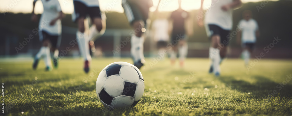 Fototapeta premium Detail of soccer players running after the ball in sunset light.