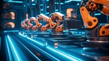 Industrial Robots on Conveyor Belt in Factory: Automation, Technology, and Manufacturing Concept, Generative AI