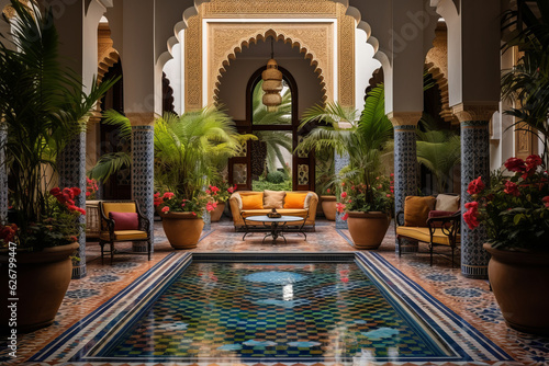 Moroccan riad , reflecting the distinctive architecture of North Africa. Courtyard house with a central fountain, surrounded by arched doorways