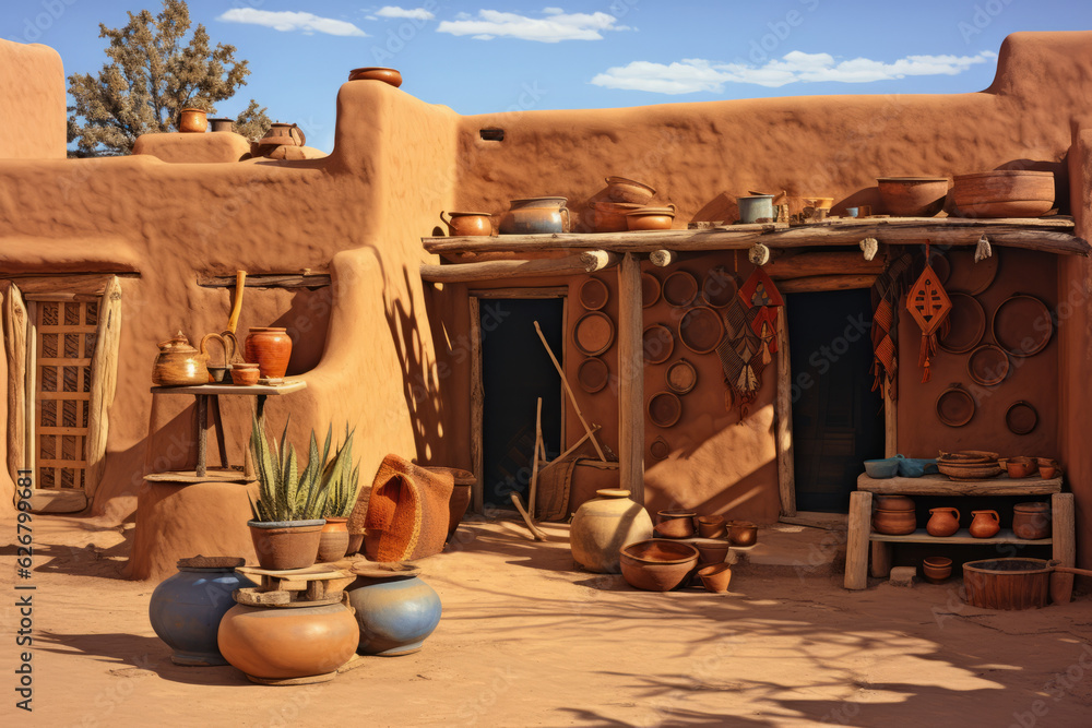 Obraz premium Adobe house, single-story house made of sun-dried clay bricks, with flat roofs and earth-toned exteriors