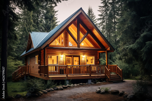 Traditional log cabin, showcasing the rustic charm of North American frontier architecture. Sturdy wooden house constructed with interlocking logs and a pitched roof