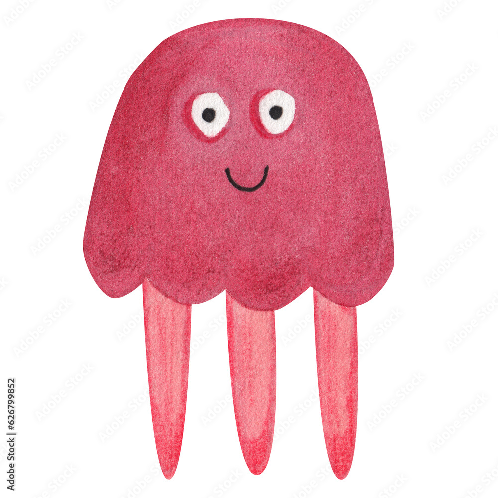 Red medusa. Watercolor illustration in cartoon style. Red medusa. Watercolor illustration in cartoon style.