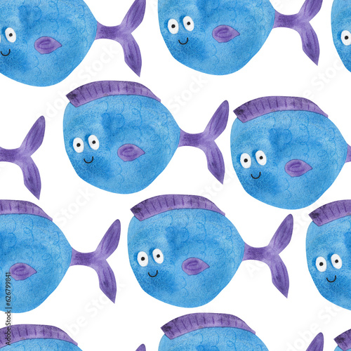 Blue fish. Seamless pattern. Watercolor illustration in cartoon style. Cute textures for baby textiles, fabric design, scrapbooking, wallpaper, etc. photo