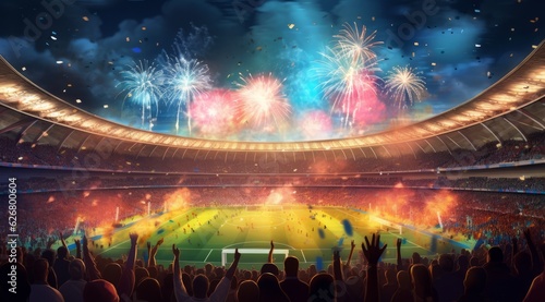 Exciting Soccer Match: Vibrant Stadium Crowd with Spectacular Fireworks Display, Generative AI © ParinApril