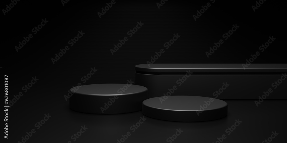 Dark product display stand or podium pedestal on advertising background with blank backdrops. 3D rendering. Dark product display stand or podium pedestal on advertising background with blank backdrops. 3D rendering.