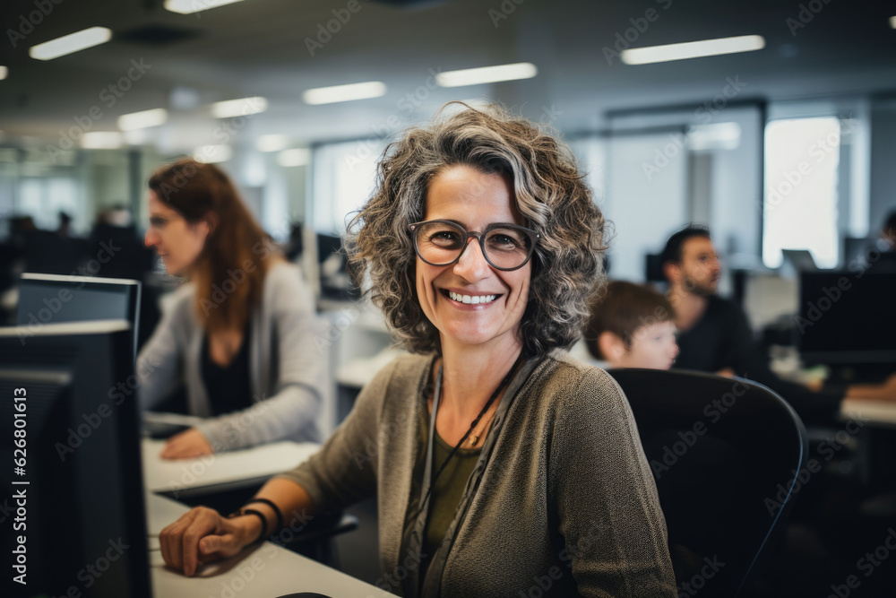 Senior woman programmer smiling in the office Senior woman programmer smiling in the office