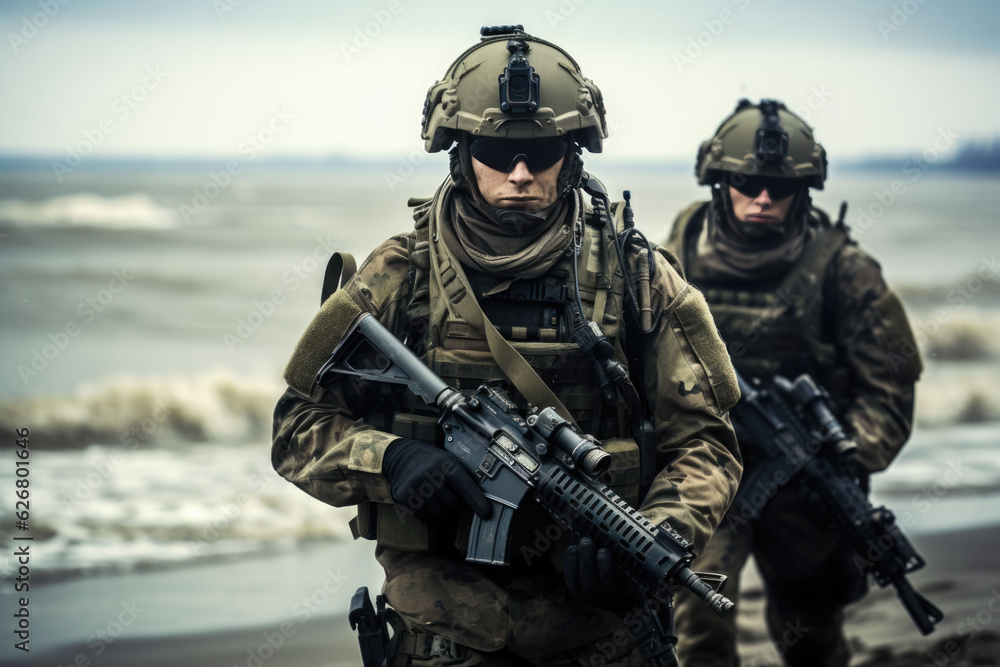 Fototapeta premium Seal team in uniform with gun ready to fight