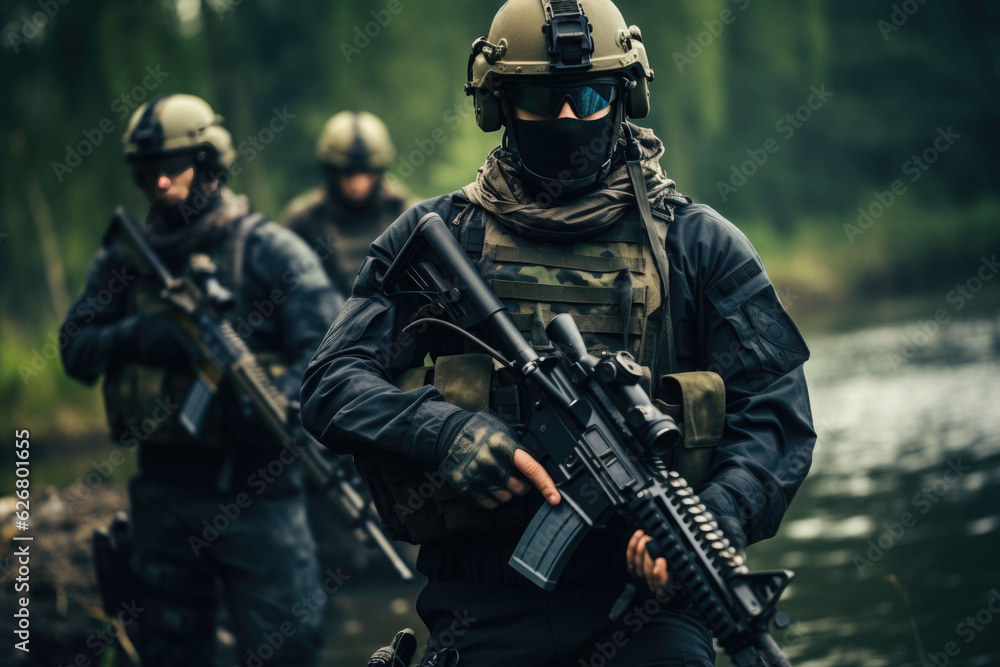 Navy SEALs team fighters, soldiers in full ammunition and camo uniform Navy SEALs team fighters, soldiers in full ammunition and camo uniform