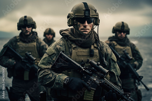 Leinwand Poster Navy SEALs team fighters, soldiers in full ammunition and camo uniform