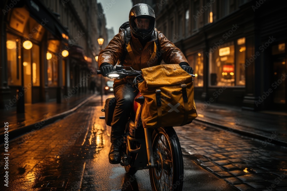 delivery man on bike with backpack riding on the street, dark yellow and dark gray cityscape, created with generative ai