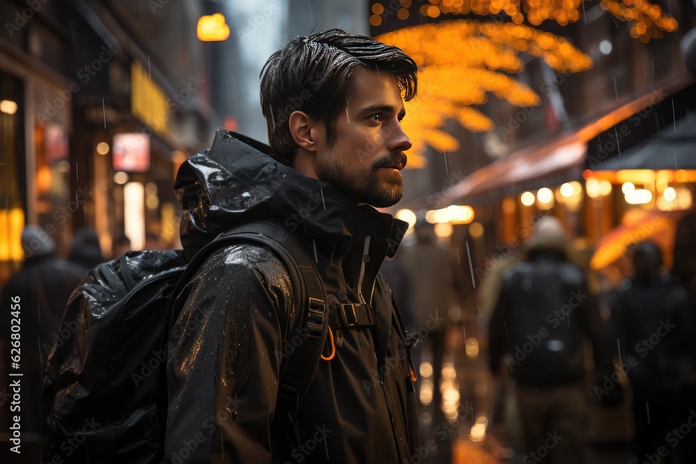 Obraz premium Man with backpack walking on the street, dark yellow and dark gray cityscape, Walk To Work Day