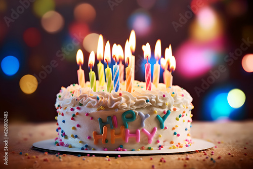Birthday cake with candles bright lights bokeh background. Birthday cake decorated with colorful cream and ten candles.