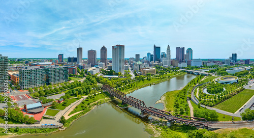 Aerial panorama of distant Columbus Ohio skyscrapers with two bridges and the Scioto River