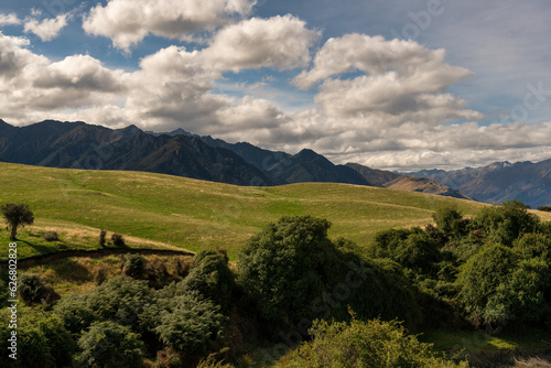 Agricultural rural farming fields and pasture on the shore of Lake Hawea