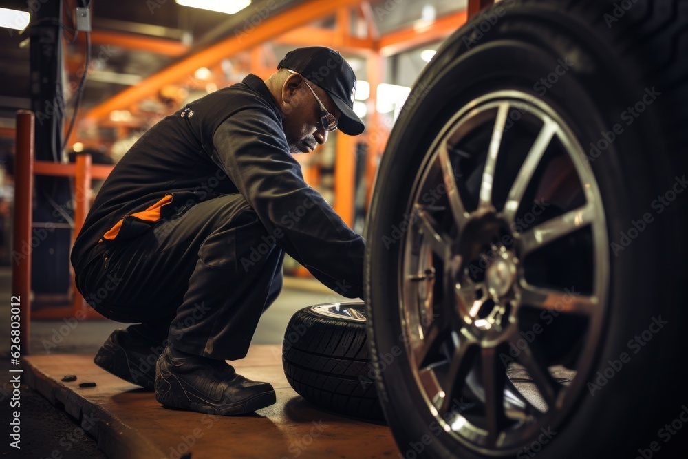 male tire changer Check the condition of new tires in stock for replacement at a service center or auto repair shop. Tire warehouse for the automobile industry male tire changer Check the condition of new tires in stock for replacement at a service center or auto repair shop. Tire warehouse for the automobile industry