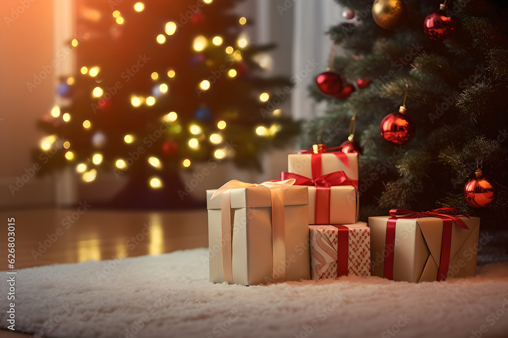 Beautiful Christmas presents over Christmas lights and Christmas tree on light background. Beautiful Christmas gift box decorations