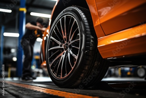 male tire changer Check the condition of new tires in stock for replacement at a service center or auto repair shop. Tire warehouse for the automobile industry photo