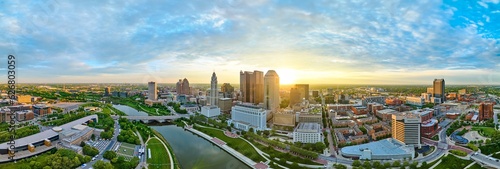 Panorama Columbus Ohio downtown at sunrise with river aerial drone shot