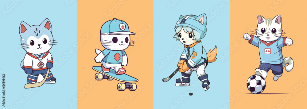 Cute Cat Playing Many Games: Set of 4 Sports Jersey Illustrations