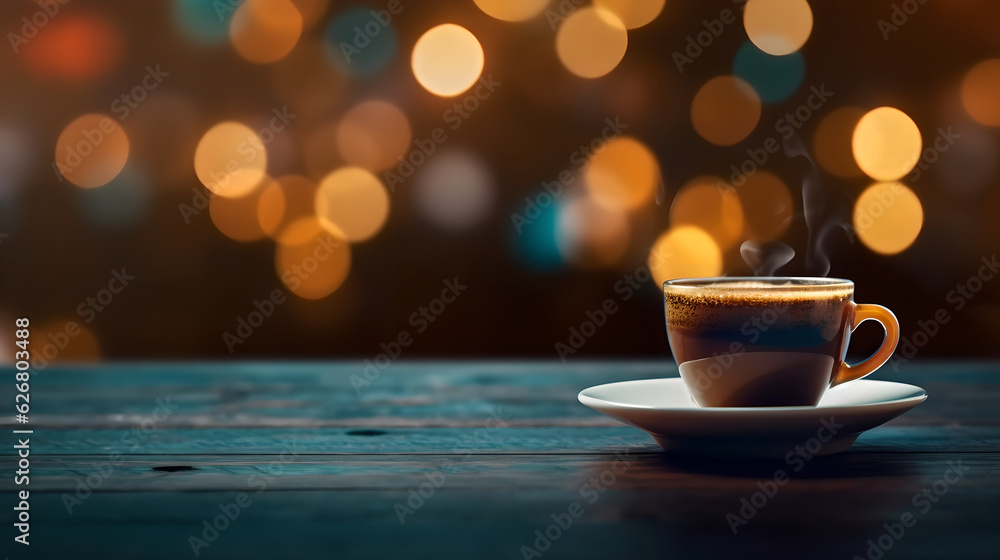 A cup of coffee on a wooden table with bokeh lights in the background. Cup of coffee in cafe with blurred background and copy space