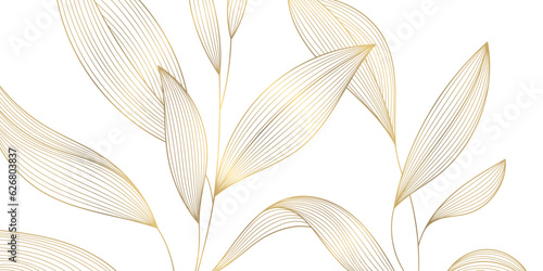 Vector art deco luxury leaf line pattern, golden background. Hand drawn wavy plants for packaging, social media post, cover, banner, creative post and wall arts. Japanese style.
