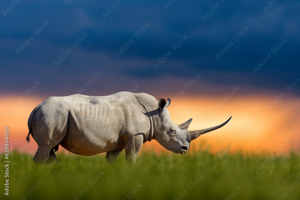 Fototapeta premium African rhinoceros in the grass during sunset in the savannah
