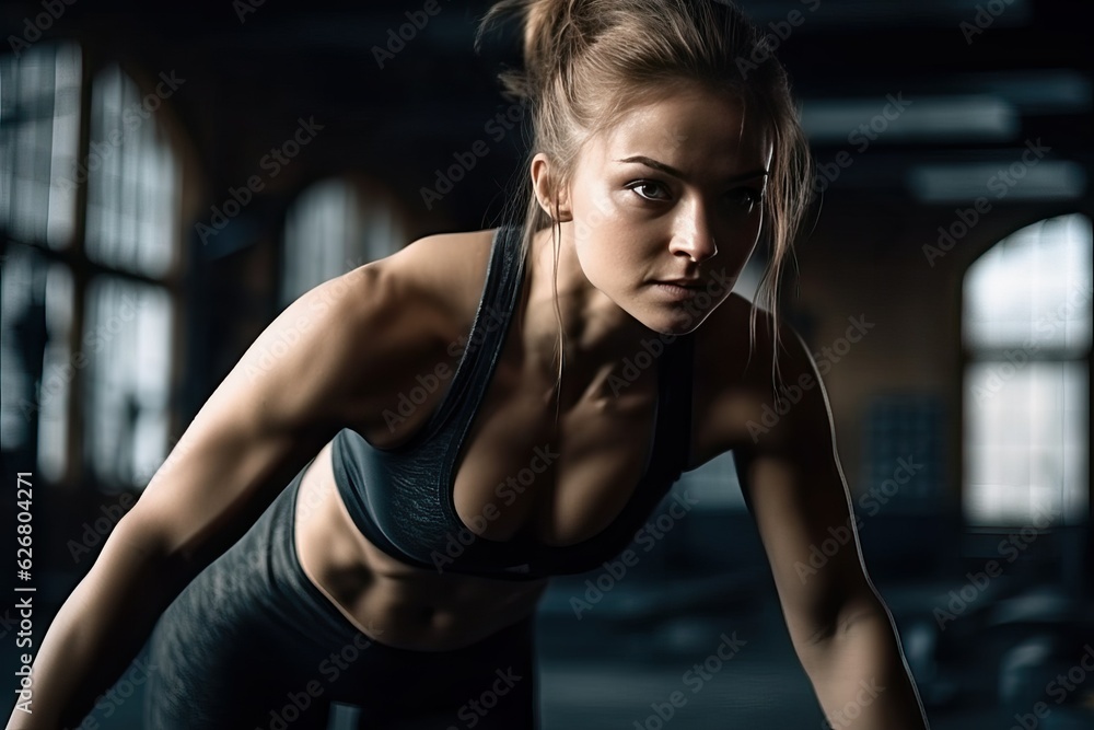 Fototapeta premium HIIT workout in gym, athlete woman in powerful dark theme