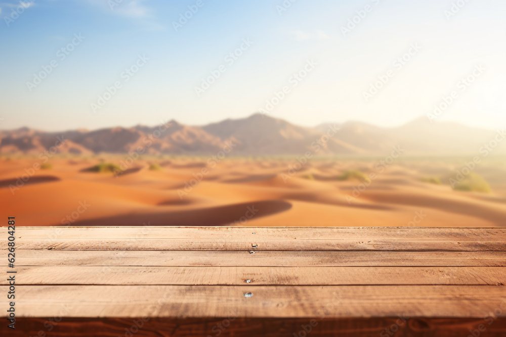 Empty wooden table top with blurred Vast sand dunes and an endless desert landscape on the background, for display or montage of your products. Generative AI.