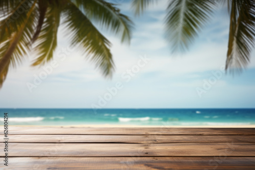 Empty wood table top with blurred beautiful sandy beach with palm trees  clear blue water background  for display or montage of your products. Generative AI.