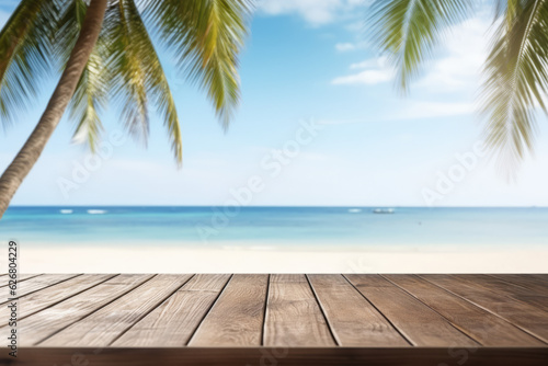 Empty wood table top with blurred beautiful sandy beach with palm trees, clear blue water background, for display or montage of your products. Generative AI. © GustavsMD