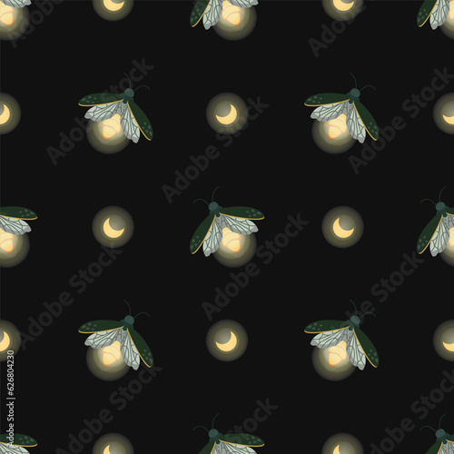 Fireflies. Seamless pattern. Vector illustration. textures for textiles, fabric design, packaging, scrapbooking, wallpaper, etc.