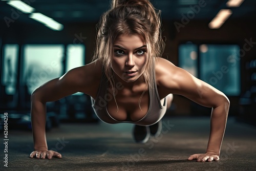 HIIT workout in gym, athlete woman in powerful dark theme