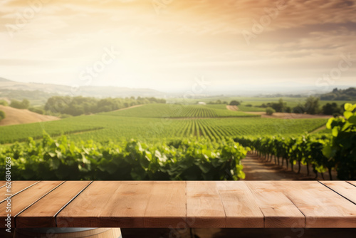 Empty wood table top with blurred Rows of lush vineyards  with grapevines  create a picturesque wine-country scenery background  for display or montage of your products. Generative AI.