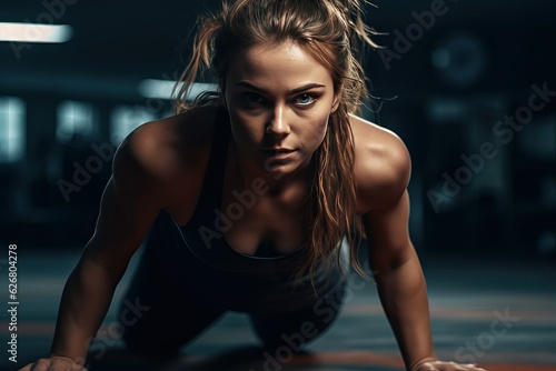 HIIT workout in gym, athlete woman in powerful dark theme