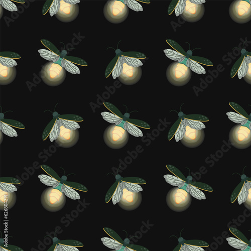Fireflies. Seamless pattern. Vector illustration. textures for textiles, fabric design, packaging, scrapbooking, wallpaper, etc.