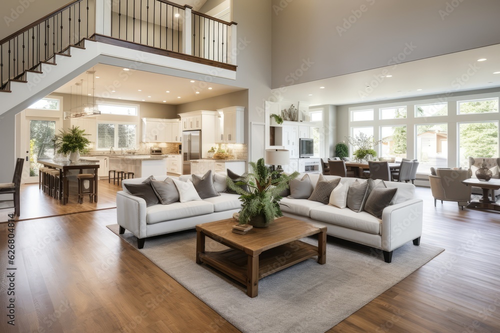 Fototapeta premium Beautiful and large living room interior with hardwood Generative AI