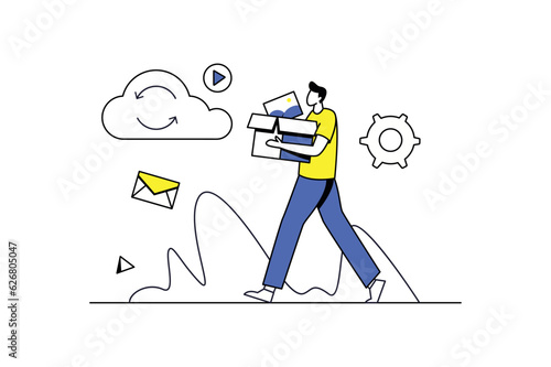Cloud storage concept with people scene in the flat cartoon style. The employee transfers all data to cloud storage. Vector illustration.