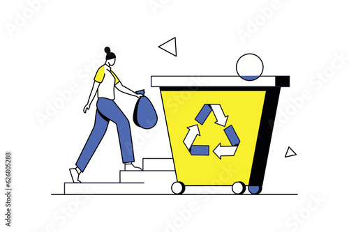 Eco waste concept with people scene in the flat cartoon design. The girl sorts garbage because she cares about the environment. Vector illustration.