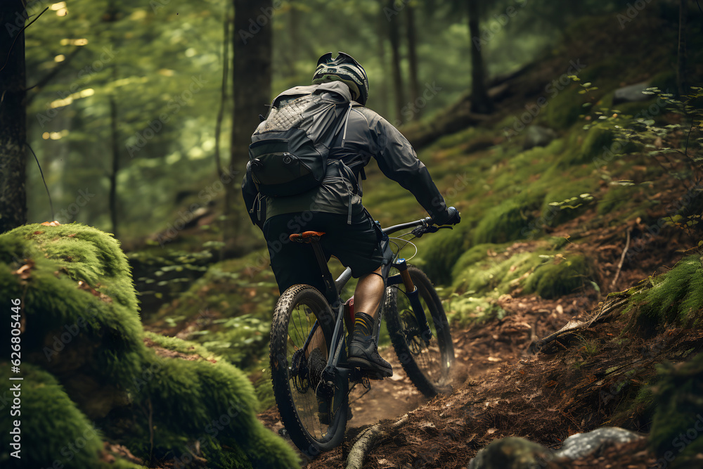 Man doing mountain biking in the forest with helmet on his head and bag on his back. Man doing mountain biking in the forest with helmet on his head and bag on his back.