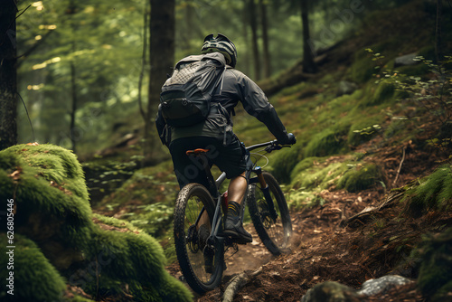 Man doing mountain biking in the forest with helmet on his head and bag on his back. 