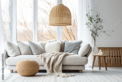 Cozy living room interior Scandinavian style mock up. Generative AI