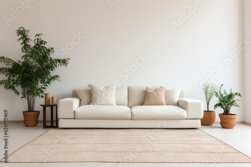 cream sofa in modern living room with rug Generative AI © midart