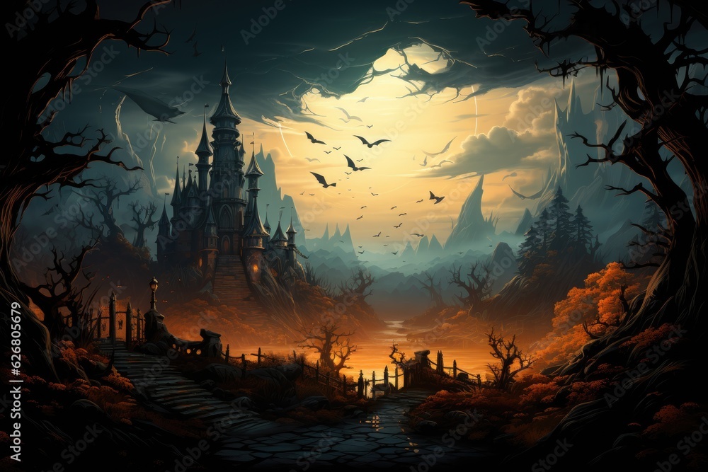Halloween haunted house. Spooky illustration. Generative AI