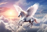 Majestic white Pegasus horse flying high above the clouds. Generative AI